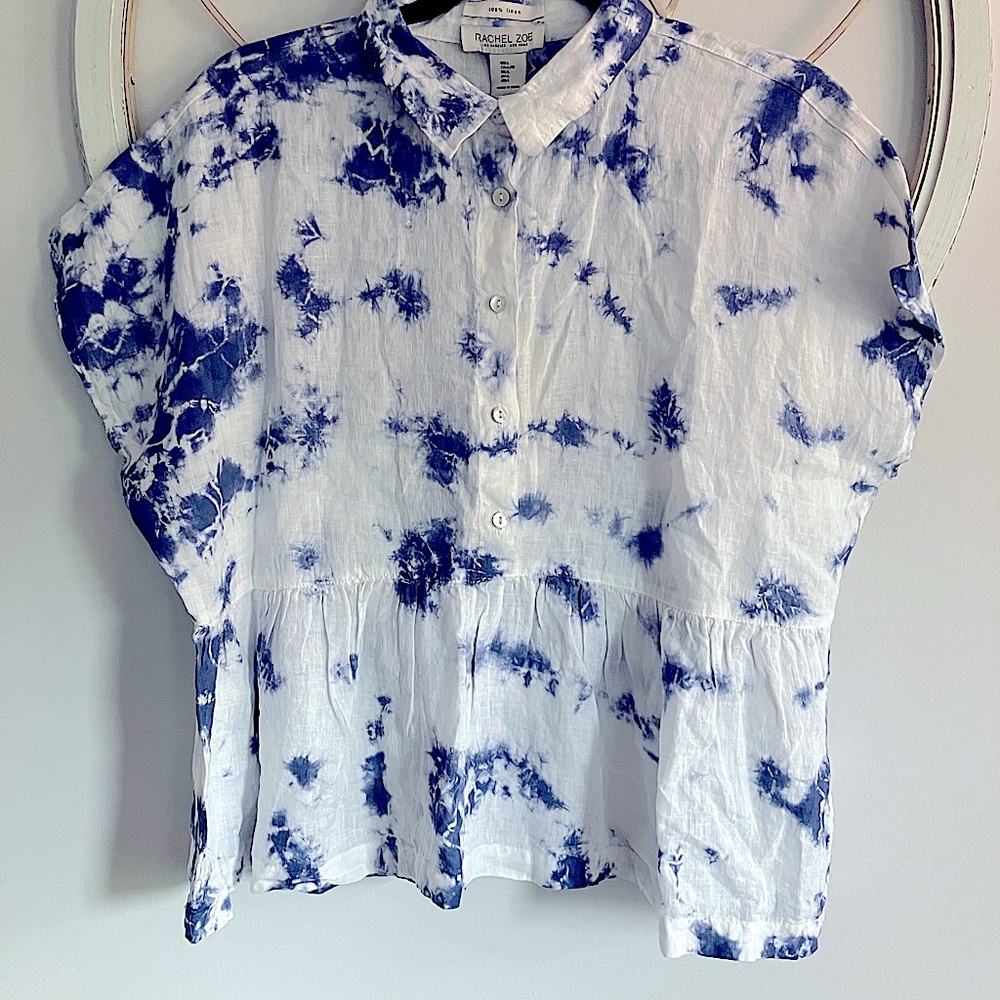 NWT Rachel Zoe 100% Linen Tie Dye Button Down Shirt with Peplum Waist